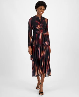 Anne Klein Women's Printed Mock Neck Tiered Midi Dress