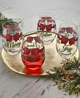 Winterberry Red Ribbon Stemless Wine Glasses, Set of 4