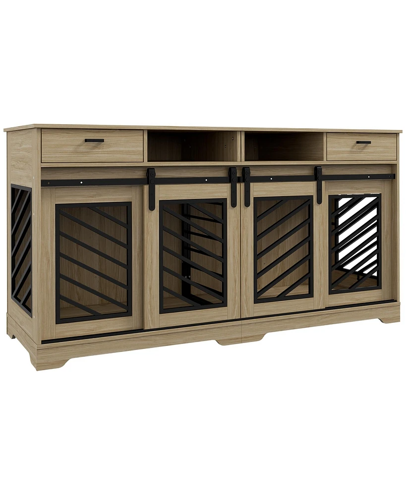 PawHut 66" Dog Crate Furniture with Removable Divider, Drawers, Oak