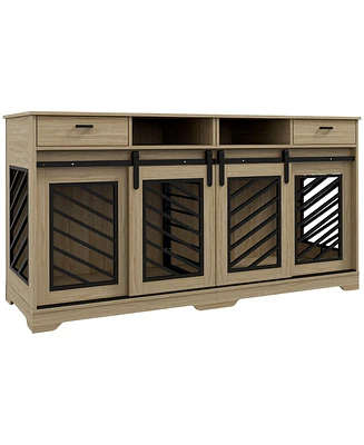 PawHut 66" Dog Crate Furniture with Removable Divider, Drawers, Oak