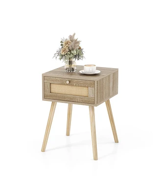 Sugift Modern Rattan Nightstand with Drawer and Solid Wood Legs for Bedroom and Living Room