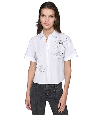 Karl Lagerfeld Paris Women's Embellished Poplin Button-Front Top