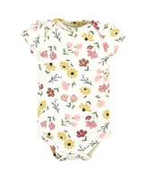 Hudson Baby Girls Cotton Bodysuit, Pant and Bib Set, Soft Painted Floral, 6-9 Months