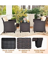 Givimo 3 Pieces Patio Rattan Furniture Set with Washable Cushions and Tempered Glass Tabletop