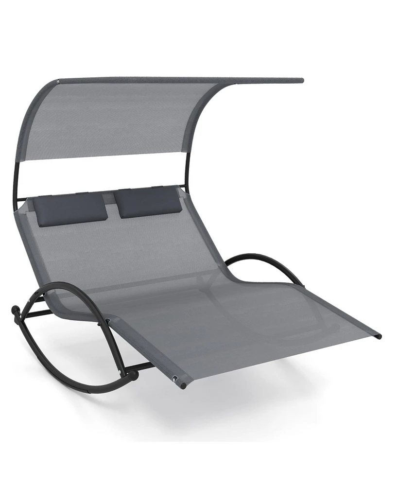 Vebreda Outdoor Dual Rocker Sunbed 2-Person Canopied Patio Lounger with Detachable Headrests