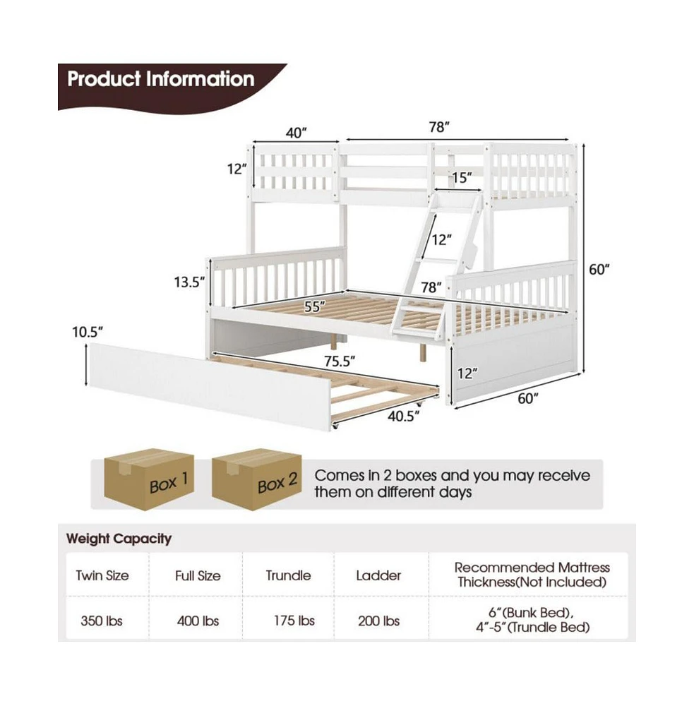 Sugift Twin Over Full Convertible Bunk Bed with Twin Trundle