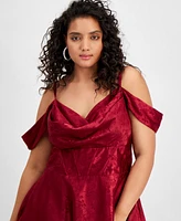 B Darlin Trendy Plus Off-The-Shoulder Satin Jacquard Gown