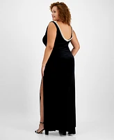 B Darlin Plus High-Slit Velvet Low-Back Dress