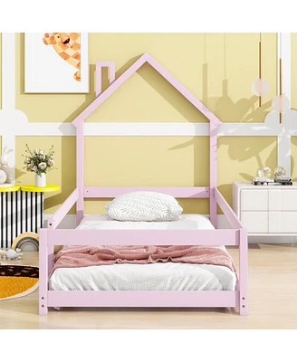 Simplie Fun Twin Size Wood Bed With Houseshaped Headboard Floor Bed With Fences, Pink