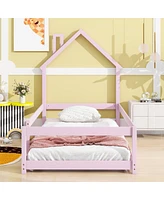 Streamdale Furniture Twin Size Wood Bed With Houseshaped Headboard Floor Bed With Fences, Pink