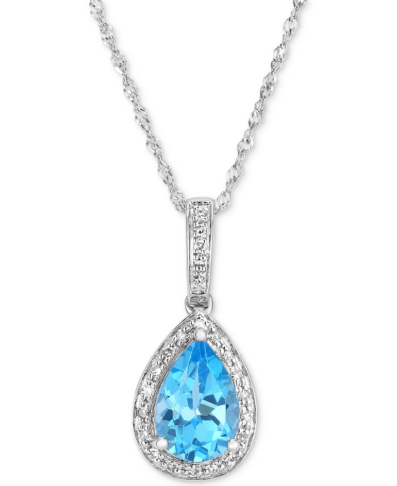 Blue Topaz (1-1/2 ct. t.w.) & Diamond (1/10 ct. tw.) Pear Halo Pendant Necklace in 14k White Gold, 16" + 2" extender