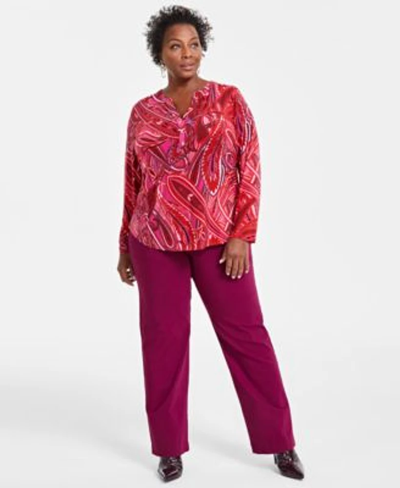 I.N.C. International Concepts Plus Size Paisley Henley Top Mid Rise Pull On Straight Leg Pants Created For Macys