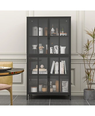 Simplie Fun Premium Black Metal Storage Cabinet with Glass Doors and Adjustable Shelves