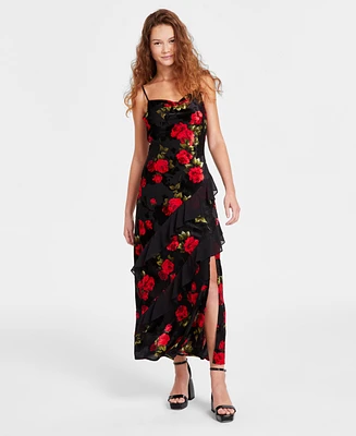 Bcx Tiered Ruffles Rose Print Velvet Burnout Maxi Dress