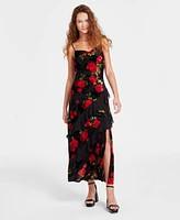 Bcx Tiered Ruffles Rose Print Velvet Burnout Maxi Dress