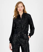 Anne Klein Women's Zip-Front Long-Sleeve Sequin Bomber Jacket