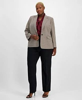 Kasper Plus Size Pull On Trousers Sleeveless Tie Front Blouse Houndstooth One Button Blazer