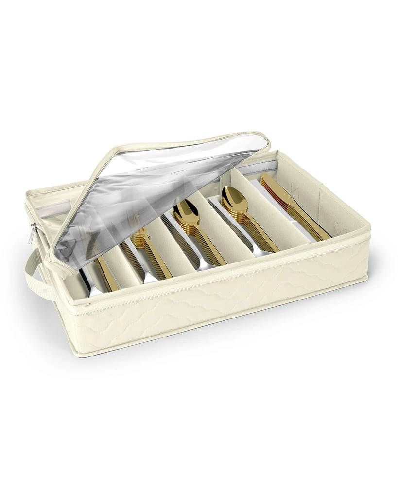 Sorbus Fabric Chest Flatware & Silverware Organizer Box with Zipper Clear Lid & Adjustable Divider (Beige)