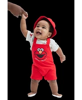 Sesame Street Baby Boys Elmo French Terry Short Overalls T-Shirt and Hat 3 Piece Outfit Set Newborn to