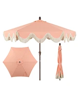 Jonathan Y 9ft Tassel Market Patio Umbrella Auto-Tilt, Crank, Wind Vent Uv Protection