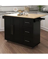Kitchen Island With Spice Rack, Towel Rack And Extensible Solid Wood Tabletop-Black
