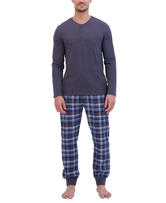 Hanes Men's Ultimate 2-Pc. Long-Sleeve Henley Crew Top & Ultra Soft Flannel Jogger Pant Sleep Set