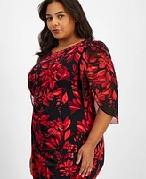 Connected Plus Floral-Print 3/4-Sleeve Faux-Wrap Dress