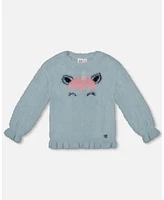 Deux par Big Girls Unicorn Sweater Hairy Knit Turquoise