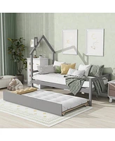 Streamdale Furniture Twin Wooden Daybed With Trundle, Twin House-Shaped Headboard Bed With Guardrails, Grey