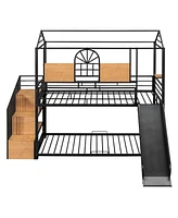 Streamdale Furniture Twin Over Twin Metal Bunk Bed, Metal Housebed With Slide And Storage Stair Withslide