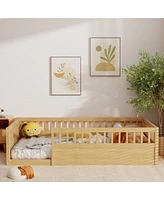 Twin Floor Bed Frame with Fence, Wood Kids Floor Beds Frame for Bedroom Playroom, Natural date Jun. 21st)