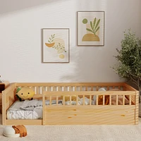 Twin Floor Bed Frame with Fence, Wood Kids Floor Beds Frame for Bedroom Playroom, Natural date Jun. 21st)