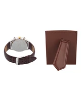 American Exchange Men's Brown Leather Strap Analog Watch 33mm Gift Set