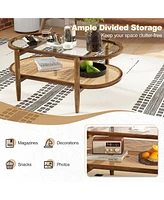 2-Tier Coffee Table Tempered Glass Top with Pe Rattan Shelf & Acacia Wood Frame