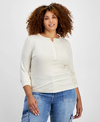 On 34th Plus Size Ribbed Long-Sleeve Henley Top, Created for Macy's