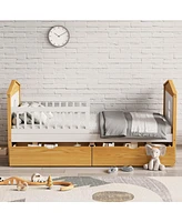 Streamdale Furniture Twin Size House Shape Bed with Two Drawers Wooden Bed for Girls Boys Teens, No Box Spring Needed, Walnut and White