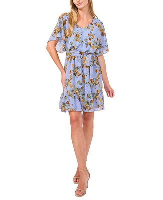 CeCe Women's Floral-Print Short-Sleeve Tiered Dress