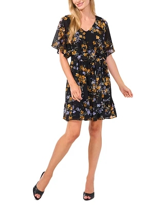 CeCe Women's Floral-Print Short-Sleeve Tiered Dress