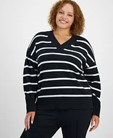 On 34th Trendy Plus Striped V-Neck Long-Sleeve Sweater, Created for Macy's