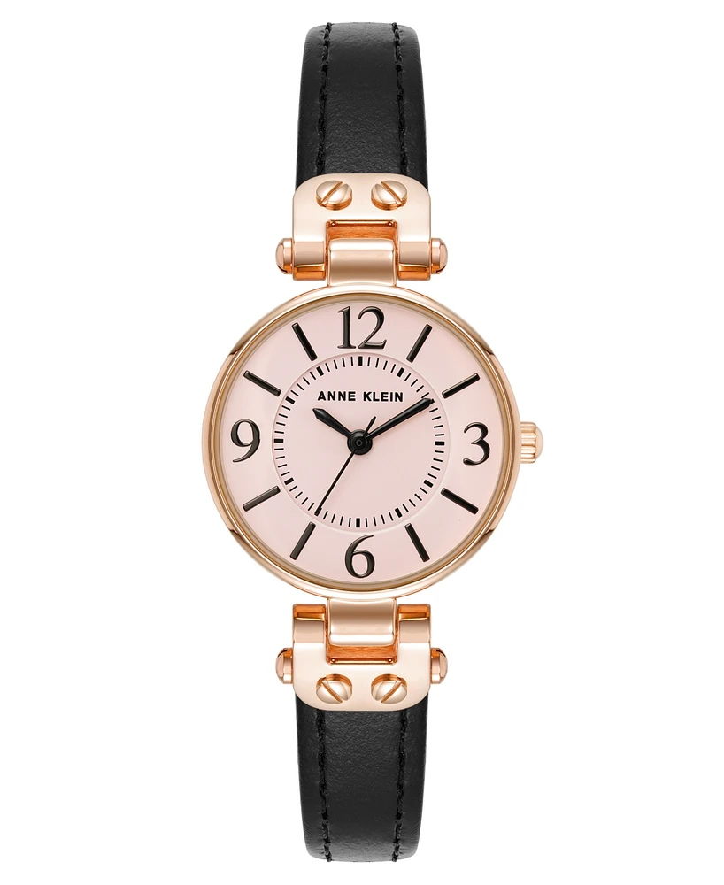 Anne Klein Women's Quartz Black Essential Leather and Rose Gold-Tone Alloy Metal Strap Watch, 26mm