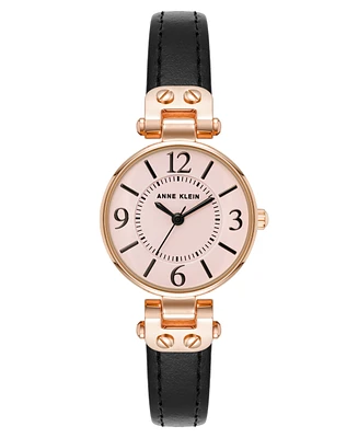 Anne Klein Women's Quartz Black Essential Leather and Rose Gold-Tone Alloy Metal Strap Watch, 26mm