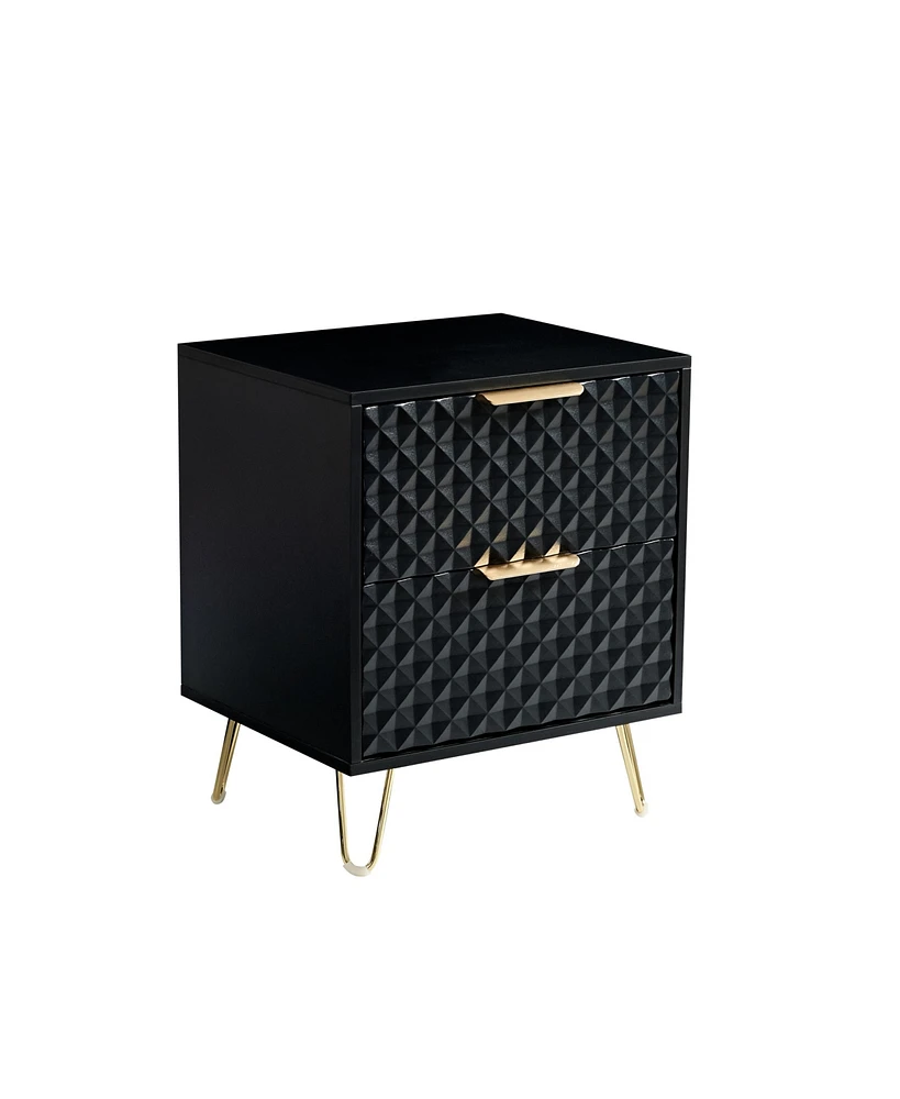 Simplie Fun Black Nightstand with 2 Drawers and Metal Legs