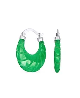 Bling Jewelry Scallop Green Jade Carved Shell Shrimp Oval Green Natural Jade Hoop Earrings For Women Sterling Silver 1.2 Inch Diameter