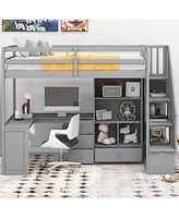 Streamdale Furniture Twin Loft Bed With L-Shaped Desk And Drawers, Cabinet Storage Staircase, White