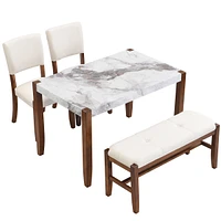 Streamdale Furniture Modern 4-Piece Dining Set - Faux Marble Table, 2 Chairs & Bench