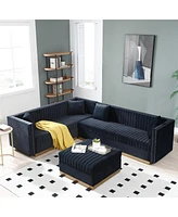 Streamdale Furniture Modern Black Velvet Sectional Sofa with Ottoman