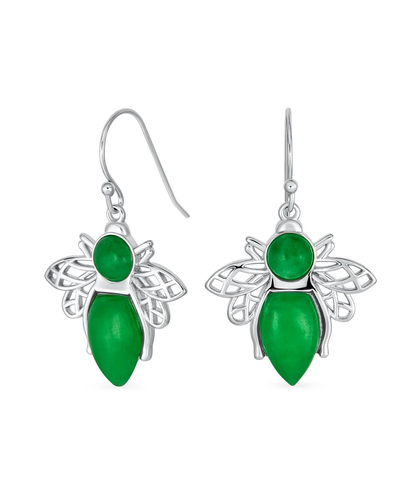 Bling Jewelry Art Deco Style Garden Insect Green Natural Jade Queen Bumble Bee Dangle Drop Earrings For Women Sterling Silver Fish Hook