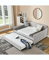 Simplie Fun Full Size Daybed With Twin Size Trundle Upholstered Tufted Sofa Bed, Waved Shape Arms, Beige