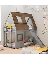 Streamdale Furniture Cozy and Fun Wood Twin Size House Bunk Bed with Window Roof Shape Design with Ladder and Climbing Ramp, Brown+Gray(Same Sku:W1716