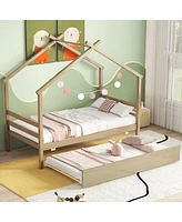 Streamdale Furniture Twin Size House-Shaped Bed With Trundle, Natural